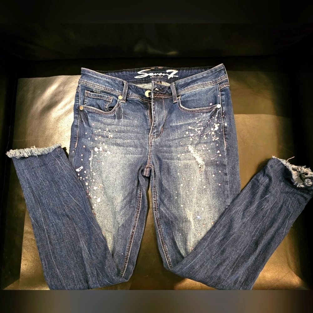 Seven7 skinny jeans with pink and silver rhinestones and paint splatter